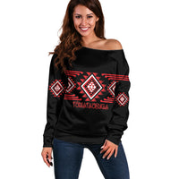Aotearoa Atua Tumatauenga Personalised Off Shoulder Sweater Maori God Of War Taniko Motifs LT14 Women Red - Polynesian Pride
