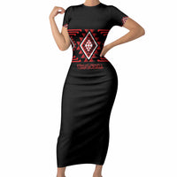 Aotearoa Atua Tumatauenga Personalised Short Sleeve Bodycon Dress Maori God Of War Taniko Motifs LT14 Long Dress Red - Polynesian Pride