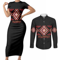 Aotearoa Atua Ruaumoko Personalised Couples Matching Short Sleeve Bodycon Dress and Long Sleeve Button Shirt Maori Powerful God Taniko Motifs LT14 Orange - Polynesian Pride