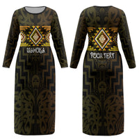 Aotearoa Atua Mahuika Personalised Couples Matching Long Sleeve Bodycon Dress and Long Sleeve Button Shirt Maori Goddess Of Fire Taniko Motifs LT14 - Polynesian Pride
