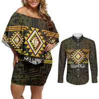 Aotearoa Atua Mahuika Personalised Couples Matching Off Shoulder Short Dress and Long Sleeve Button Shirt Maori Goddess Of Fire Taniko Motifs LT14 Yellow - Polynesian Pride