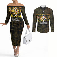 Aotearoa Atua Mahuika Personalised Couples Matching Off The Shoulder Long Sleeve Dress and Long Sleeve Button Shirt Maori Goddess Of Fire Taniko Motifs LT14 Yellow - Polynesian Pride