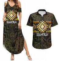 Aotearoa Atua Mahuika Personalised Couples Matching Summer Maxi Dress and Hawaiian Shirt Maori Goddess Of Fire Taniko Motifs LT14 Yellow - Polynesian Pride