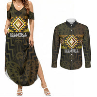Aotearoa Atua Mahuika Personalised Couples Matching Summer Maxi Dress and Long Sleeve Button Shirt Maori Goddess Of Fire Taniko Motifs LT14 Yellow - Polynesian Pride