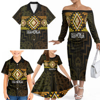 Aotearoa Atua Mahuika Personalised Family Matching Off The Shoulder Long Sleeve Dress and Hawaiian Shirt Maori Goddess Of Fire Taniko Motifs LT14 - Polynesian Pride