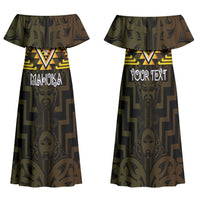 Aotearoa Atua Mahuika Personalised Family Matching Off Shoulder Maxi Dress and Hawaiian Shirt Maori Goddess Of Fire Taniko Motifs LT14 Mom's Dress Yellow - Polynesian Pride