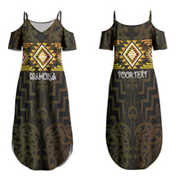 Aotearoa Atua Mahuika Personalised Family Matching Summer Maxi Dress and Hawaiian Shirt Maori Goddess Of Fire Taniko Motifs LT14 Mom's Dress Yellow - Polynesian Pride
