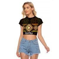 Aotearoa Atua Mahuika Personalised Raglan Cropped T Shirt Maori Goddess Of Fire Taniko Motifs LT14 Female Yellow - Polynesian Pride