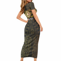 Aotearoa Atua Mahuika Personalised Short Sleeve Bodycon Dress Maori Goddess Of Fire Taniko Motifs LT14 - Polynesian Pride