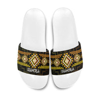 Aotearoa Atua Mahuika Slide Sandals Maori Goddess Of Fire Taniko Motifs LT14 Yellow - Polynesian Pride