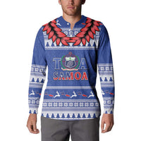 Personalised Toa Samoa Rugby Christmas Button Sweatshirt Ula Fala Samoan Pattern Blue - undefined