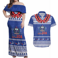 Personalised Toa Samoa Rugby Christmas Couples Matching Off Shoulder Maxi Dress and Hawaiian Shirt Ula Fala Samoan Pattern Blue - Polynesian Pride