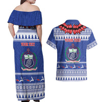 Personalised Toa Samoa Rugby Christmas Couples Matching Off Shoulder Maxi Dress and Hawaiian Shirt Ula Fala Samoan Pattern Blue - Polynesian Pride
