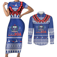 Personalised Toa Samoa Rugby Christmas Couples Matching Short Sleeve Bodycon Dress and Long Sleeve Button Shirt Ula Fala Samoan Pattern Blue - Polynesian Pride