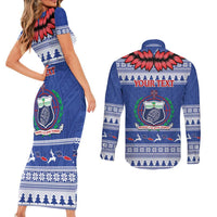 Personalised Toa Samoa Rugby Christmas Couples Matching Short Sleeve Bodycon Dress and Long Sleeve Button Shirt Ula Fala Samoan Pattern Blue - Polynesian Pride