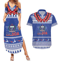 Personalised Toa Samoa Rugby Christmas Couples Matching Summer Maxi Dress and Hawaiian Shirt Ula Fala Samoan Pattern Blue LT14 Blue - Polynesian Pride