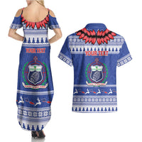Personalised Toa Samoa Rugby Christmas Couples Matching Summer Maxi Dress and Hawaiian Shirt Ula Fala Samoan Pattern Blue LT14 - Polynesian Pride