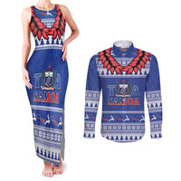 Personalised Toa Samoa Rugby Christmas Couples Matching Tank Maxi Dress and Long Sleeve Button Shirt Ula Fala Samoan Pattern Blue - Polynesian Pride