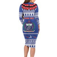 Personalised Toa Samoa Rugby Christmas Family Matching Long Sleeve Bodycon Dress and Hawaiian Shirt Ula Fala Samoan Pattern Blue - Polynesian Pride