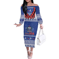 Personalised Toa Samoa Rugby Christmas Family Matching Off The Shoulder Long Sleeve Dress and Hawaiian Shirt Ula Fala Samoan Pattern Blue LT14 Mom's Dress Blue - Polynesian Pride