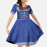 Personalised Toa Samoa Rugby Christmas Family Matching Off Shoulder Maxi Dress and Hawaiian Shirt Ula Fala Samoan Pattern Blue LT14 Daughter's Dress Blue - Polynesian Pride