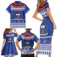Personalised Toa Samoa Rugby Christmas Family Matching Short Sleeve Bodycon Dress and Hawaiian Shirt Ula Fala Samoan Pattern Blue - Polynesian Pride