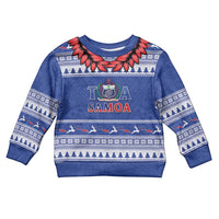 Personalised Toa Samoa Rugby Christmas Kid Ugly Christmas Sweater Ula Fala Samoan Pattern Blue - Polynesian Pride