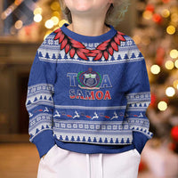 Personalised Toa Samoa Rugby Christmas Kid Ugly Christmas Sweater Ula Fala Samoan Pattern Blue - Polynesian Pride