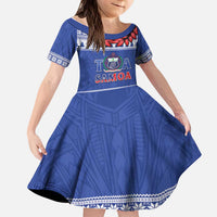 Personalised Toa Samoa Rugby Christmas Kid Short Sleeve Dress Ula Fala Samoan Pattern Blue - Polynesian Pride