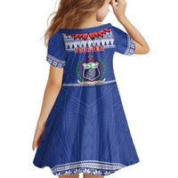 Personalised Toa Samoa Rugby Christmas Kid Short Sleeve Dress Ula Fala Samoan Pattern Blue - Polynesian Pride