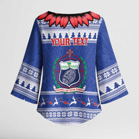 Personalised Toa Samoa Rugby Christmas Kimono Sleeve Blouse Ula Fala Samoan Pattern Blue - Polynesian Pride