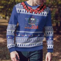 Personalised Toa Samoa Rugby Christmas Ugly Christmas Sweater Ula Fala Samoan Pattern Blue - Polynesian Pride