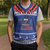 Personalised Toa Samoa Rugby Christmas Knitted V-Neck Vest Ula Fala Samoan Pattern Blue - Polynesian Pride