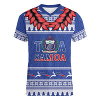 Personalised Toa Samoa Rugby Christmas Women V-Neck T-Shirt Ula Fala Samoan Pattern Blue - Polynesian Pride
