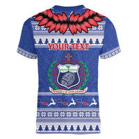 Personalised Toa Samoa Rugby Christmas Women V-Neck T-Shirt Ula Fala Samoan Pattern Blue - Polynesian Pride