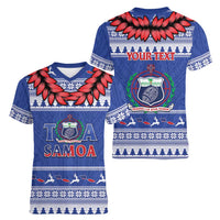 Personalised Toa Samoa Rugby Christmas Women V-Neck T-Shirt Ula Fala Samoan Pattern Blue - Polynesian Pride