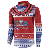 Personalised Toa Samoa Rugby Christmas Button Sweatshirt Ula Fala Samoan Pattern Red - Polynesian Pride
