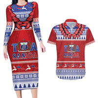 Personalised Toa Samoa Rugby Christmas Couples Matching Long Sleeve Bodycon Dress and Hawaiian Shirt Ula Fala Samoan Pattern Red - Polynesian Pride
