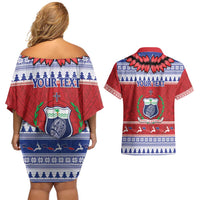 Personalised Toa Samoa Rugby Christmas Couples Matching Off Shoulder Short Dress and Hawaiian Shirt Ula Fala Samoan Pattern Red - Polynesian Pride