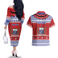 Personalised Toa Samoa Rugby Christmas Couples Matching Off The Shoulder Long Sleeve Dress and Hawaiian Shirt Ula Fala Samoan Pattern Red - Polynesian Pride