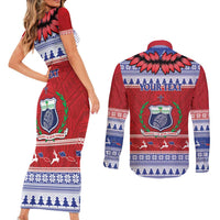 Personalised Toa Samoa Rugby Christmas Couples Matching Short Sleeve Bodycon Dress and Long Sleeve Button Shirt Ula Fala Samoan Pattern Red LT14 - Polynesian Pride
