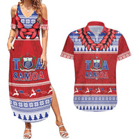 Personalised Toa Samoa Rugby Christmas Couples Matching Summer Maxi Dress and Hawaiian Shirt Ula Fala Samoan Pattern Red LT14 Red - Polynesian Pride