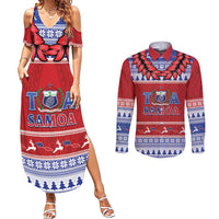 Personalised Toa Samoa Rugby Christmas Couples Matching Summer Maxi Dress and Long Sleeve Button Shirt Ula Fala Samoan Pattern Red - Polynesian Pride