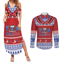 Personalised Toa Samoa Rugby Christmas Couples Matching Summer Maxi Dress and Long Sleeve Button Shirt Ula Fala Samoan Pattern Red LT14 Red - Polynesian Pride