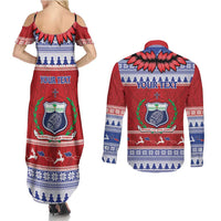 Personalised Toa Samoa Rugby Christmas Couples Matching Summer Maxi Dress and Long Sleeve Button Shirt Ula Fala Samoan Pattern Red LT14 - Polynesian Pride