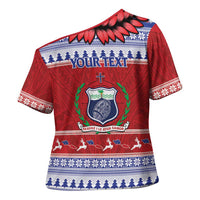 Personalised Toa Samoa Rugby Christmas Cross Shoulder Shirt Ula Fala Samoan Pattern Red - Polynesian Pride