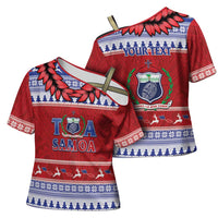 Personalised Toa Samoa Rugby Christmas Cross Shoulder Shirt Ula Fala Samoan Pattern Red - Polynesian Pride