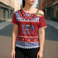 Personalised Toa Samoa Rugby Christmas Cross Shoulder Shirt Ula Fala Samoan Pattern Red - Polynesian Pride
