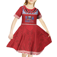Personalised Toa Samoa Rugby Christmas Kid Short Sleeve Dress Ula Fala Samoan Pattern Red - Polynesian Pride
