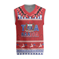 Personalised Toa Samoa Rugby Christmas Knitted V-Neck Vest Ula Fala Samoan Pattern Red - Polynesian Pride